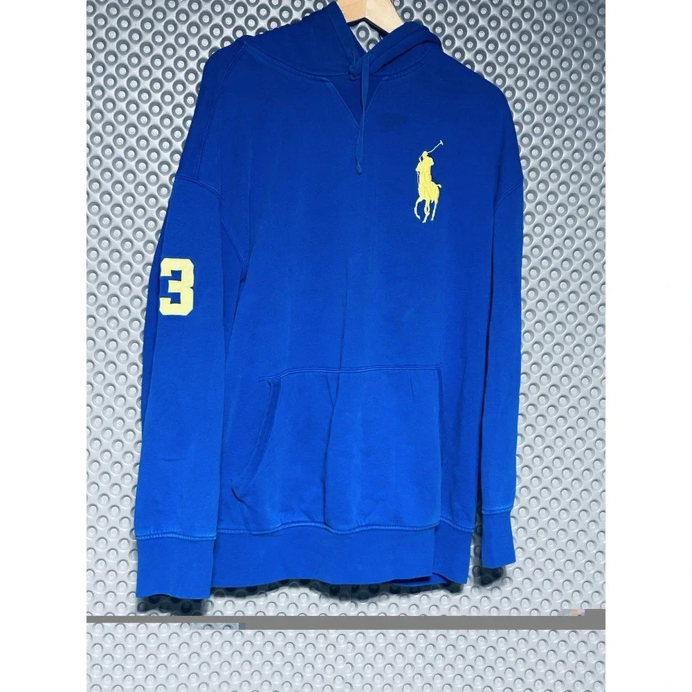Polo Ralph Lauren Big Pony Hoodie Men's 3XLB Royal Blue 3 On Sleeve Fleece VTG